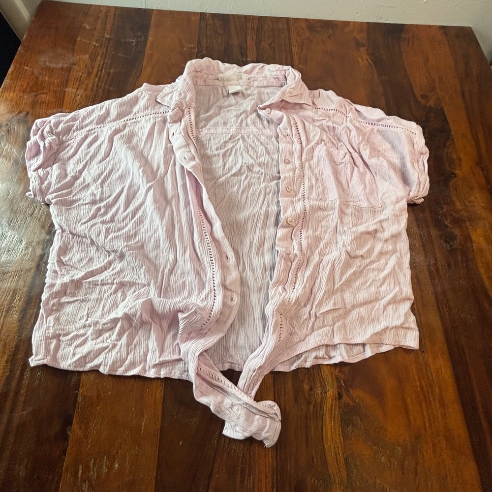 Planet Gold Lavender Crinkle Gauze Tie Front Button Up Top Short Sleeve‎ Large